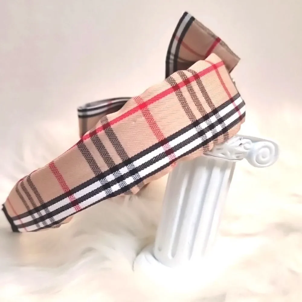 PLAID SIDE BOW HEADBAND Khaki black white red fabric